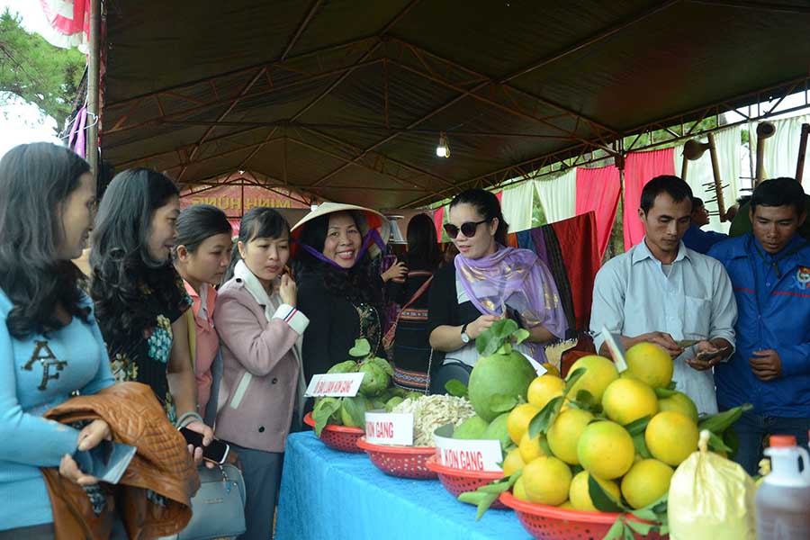 Du khách tham quan và mua sắm tại gian hàng trái cây Kon Gang. Ảnh: Phương Linh