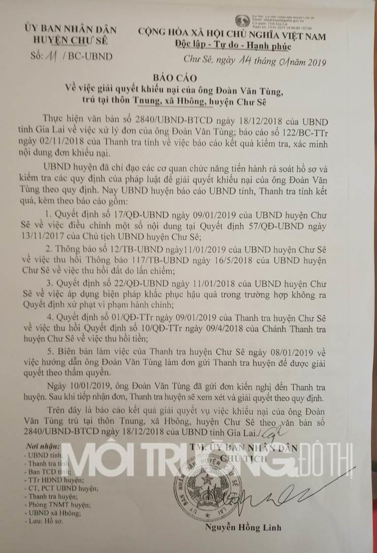 Báo cáo số 11/BC-UBND ngày 14/1/2019 của UBND huyện Chư Sê về việc giải quyết khiếu nại của ông Đoàn Văn Tùng.