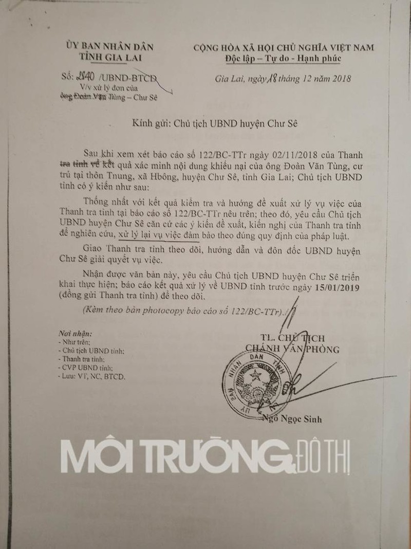 Văn bản số 2840/UBND-BTCD ngày 18/12/2018 của UBND tỉnh Gia Lai về việc xử lý đơn của ông Đoàn Văn Tùng.