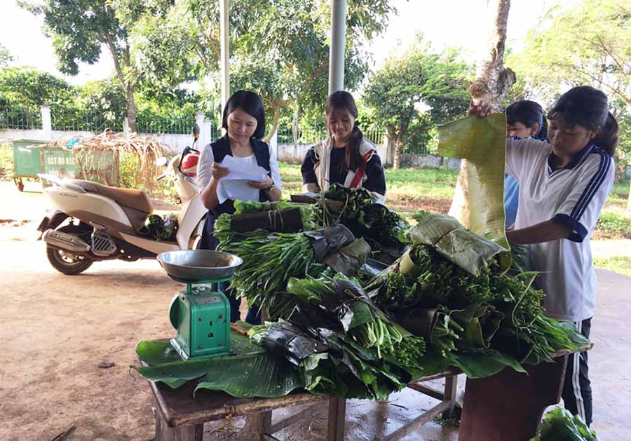 Học sinh Trường THPT Trường Chinh gói lá chuối bán rau cho khách để giảm sử dụng túi ni lông nhằm góp phần bảo vệ môi trường