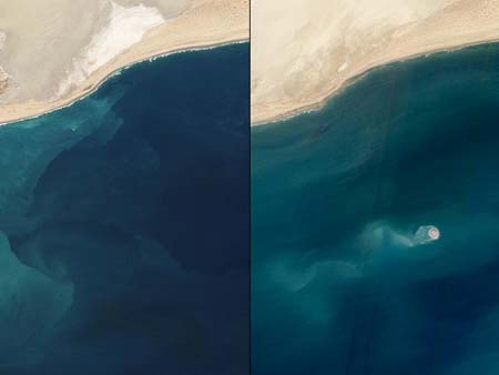 Hòn đảo bùn chưa xuất hiện trong bức ảnh vệ tinh hồi tháng 2/2010 (trái), song nó hiện ra trong bức ảnh chụp hôm 11/1/2011 (phải). Ảnh: NASA.