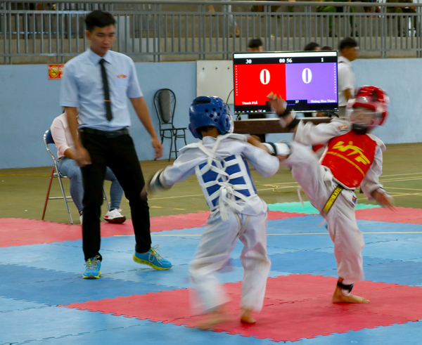 Giải Vô địch các câu lạc bộ taekwondo toàn tỉnh được tổ chức tại Nhà Thi đấu huyện Đức Cơ. Ảnh: P.N