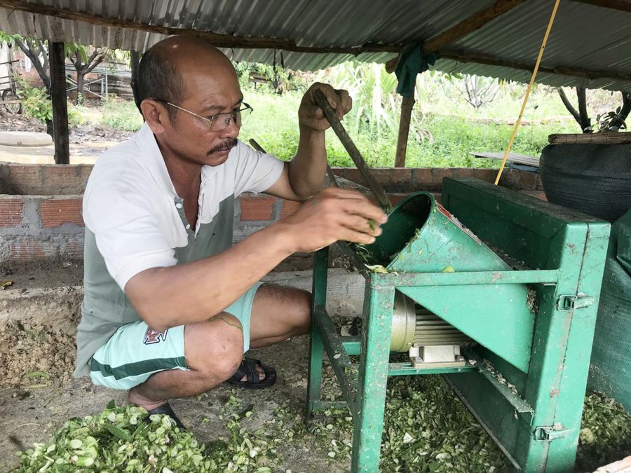 Anh Võ Hùng Tiến chuẩn bị thức ăn cho gà. Ảnh: Đức Phương