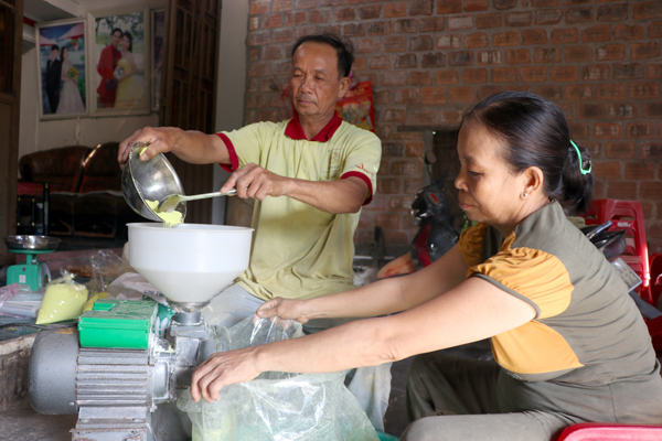 Vợ chồng bà Nguyễn Thị Dung (thôn Thượng An 2, xã Song An, thị xã An Khê) cho tinh bột vào xay nhuyễn sau khi phơi khô. Ảnh: N.M
