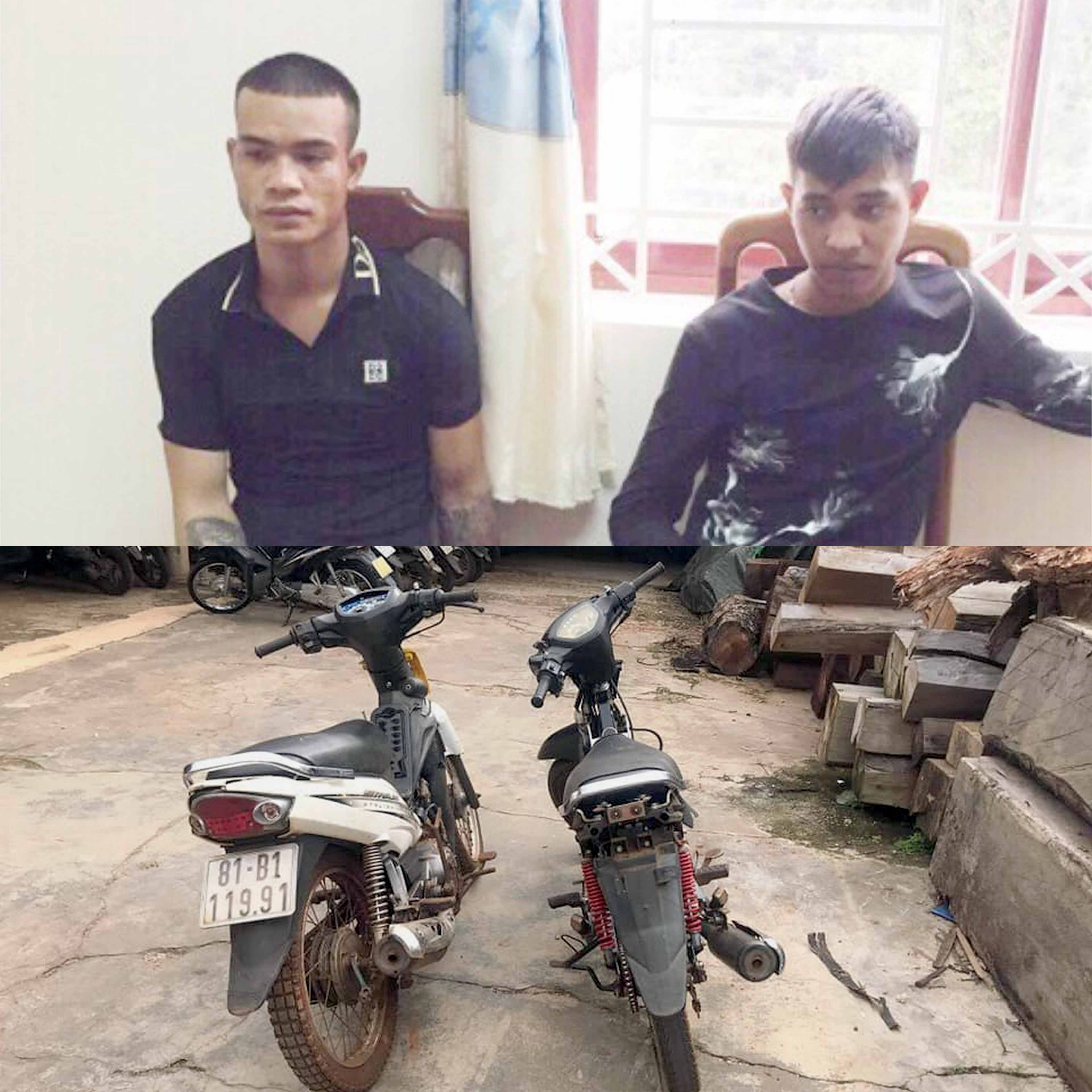 2 đối tượng Yinh và Ngếu cùng 2 chiếc xe máy là tang vật của vụ án. Ảnh: Lê Gia 