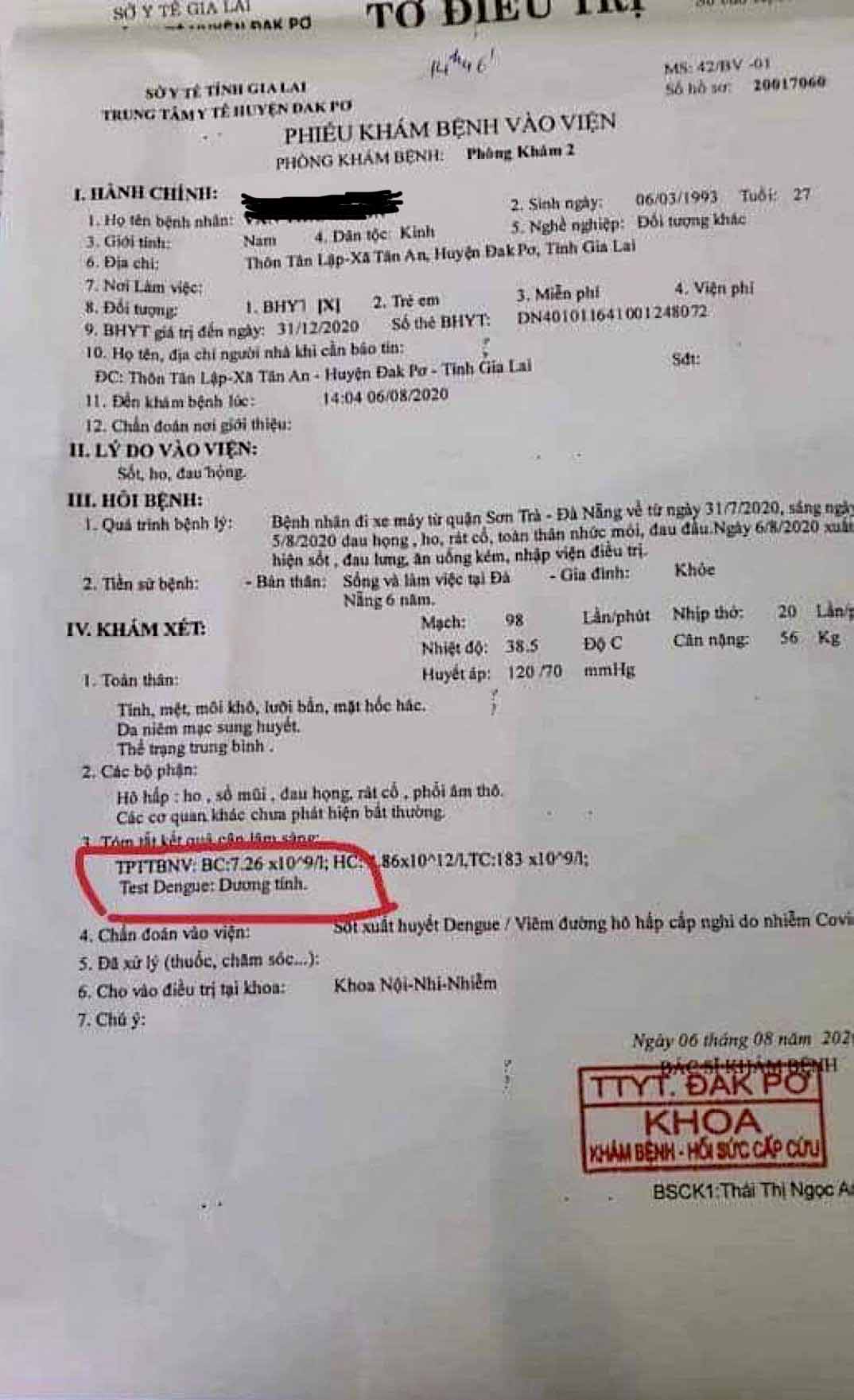 Phiếu khám bệnh của anh S. có test Dengue dương tính, chẩn đoán sốt xuất huyết Dengue. Tuy nhiên do nhầm lẫn nên nhiều người hiểu nhầm gây ra tin đồn trên. Ảnh: Như Nguyện