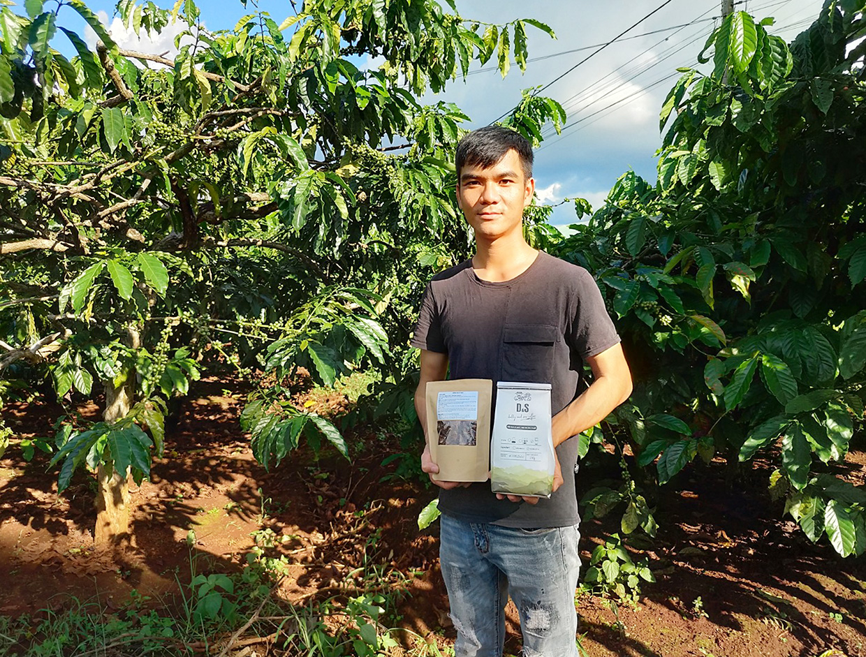 Anh Đoàn Anh Tuấn làm ra sản phẩm cà phê sạch và trà cà phê từ chính cây trái vườn nhà. Ảnh: Sơn Ca