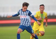 Tiền đạo Lê Minh Bình (số 9) được HAGL cho đội Bà Rịa-Vũng Tàu mượn thi đấu tại Cúp Quốc gia 2020. Ảnh: Minh Vỹ