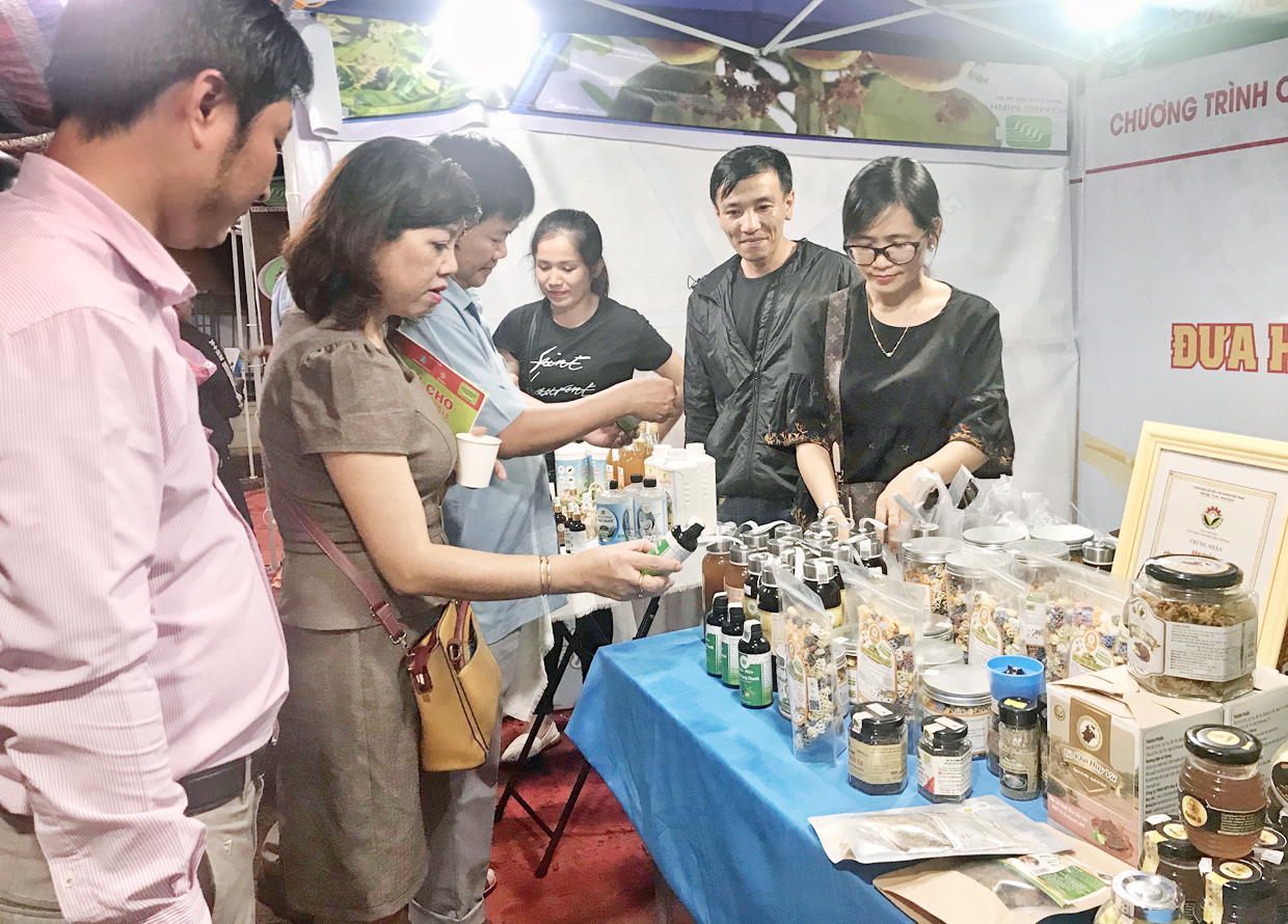 Phiên chợ hàng Việt về miền núi tại xã Ia Nan (huyện Đức Cơ) thu hút 22 doanh nghiệp, hợp tác xã, hộ sản xuất tham gia. Ảnh: Vũ Thảo