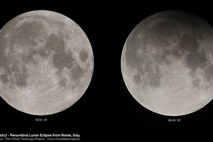 Nguyệt thực nửa tối năm 2017. Hình bên trái là Mặt Trăng tròn bình thường, hình bên phải là trăng lúc nguyệt thực nửa tối. Ảnh: Virtualtelescope.