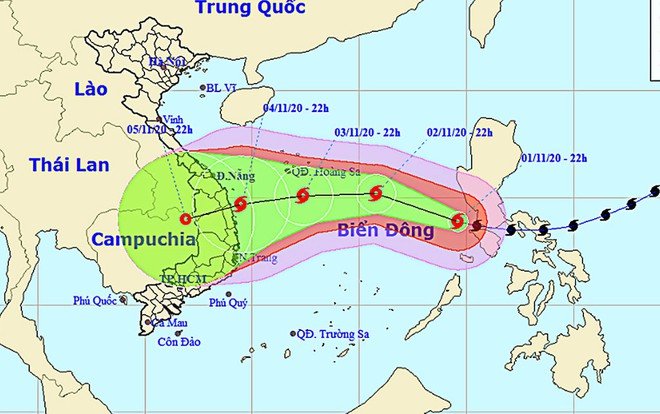 Đường đi của bão Goni lúc 23 giờ ngày 1.11 /// Nguồn: Trung tâm dự báo khí tượng thủy văn Quốc gia