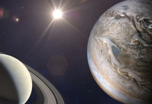 2 hành tinh là Sao Mộc và Sao Thổ sẽ gần như chập 1 trong đêm nay - Ảnh: THE IRISH TIMES, đồ họa dựa trên dữ liệu NASA