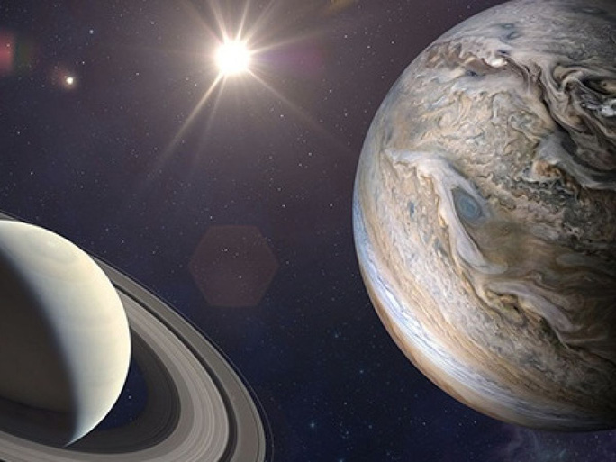 2 hành tinh là Sao Mộc và Sao Thổ sẽ gần như chập 1 trong đêm nay - Ảnh: THE IRISH TIMES, đồ họa dựa trên dữ liệu NASA