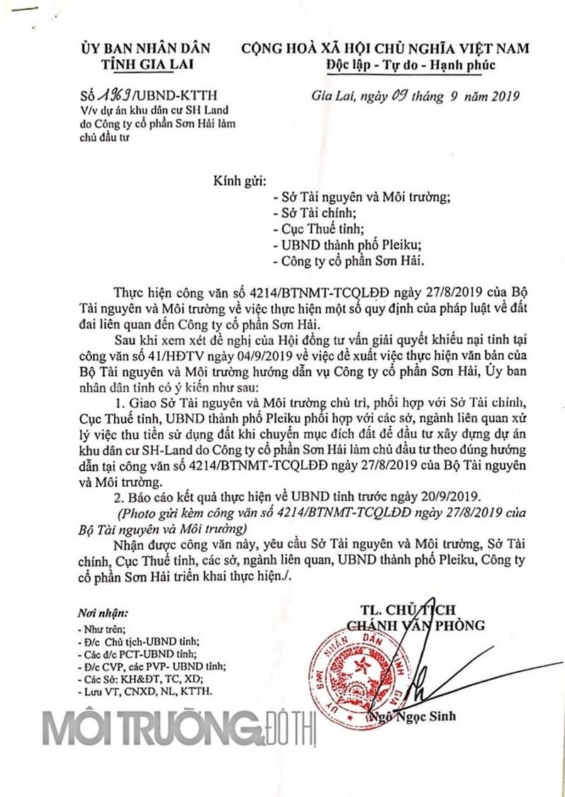 Văn bản số 1969/UBND-KTTH ngày 9/9/2019 của UBND tỉnh Gia Lai, chỉ đạo xử lý việc thu tiền sử dụng đất theo đúng hướng dẫn tại công văn số 4214/BTNMT-TCQLĐĐ ngày 27/8/2019 của Bộ Tài nguyên và Môi trường. 1