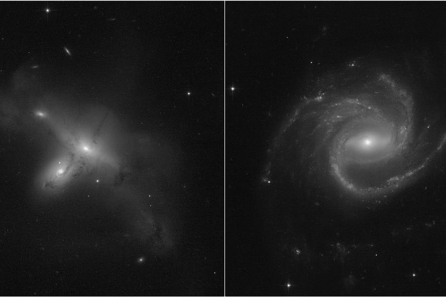 Hai thiên hà kỳ lạ trong số ảnh do Hubble chụp sau khi hồi sinh hoạt động. Bên phải là thiên hà xoắn ốc ba nhánh ARP-MADORE0002-503 và bên trái là cặp thiên hà tương tác ARP-MADORE2115-273. Ảnh: NASA/ESA