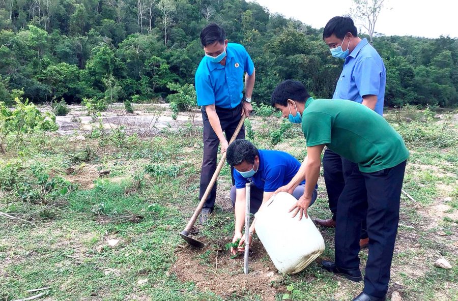  Đoàn viên Công đoàn huyện Kông Chro tham gia trồng cây xanh tại khu vực xã Đak Tơ Pang. Ảnh: Đức Thụy