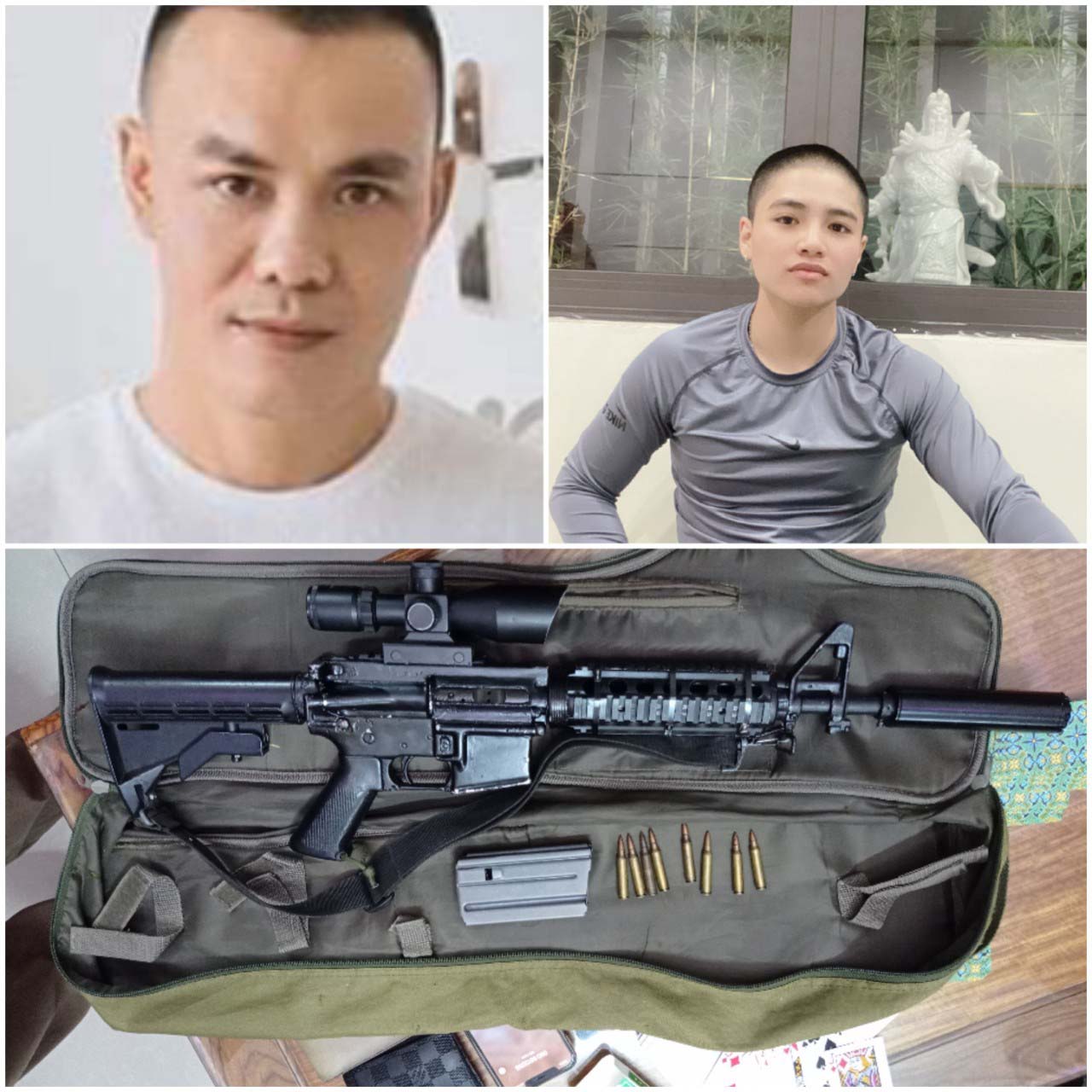 Đối tượng Nguyễn Hòa Minh (bên trái) và Võ Huỳnh Anh Tuấn cùng khẩu súng AR15 là tang vật vụ án. Ảnh: Lê Anh