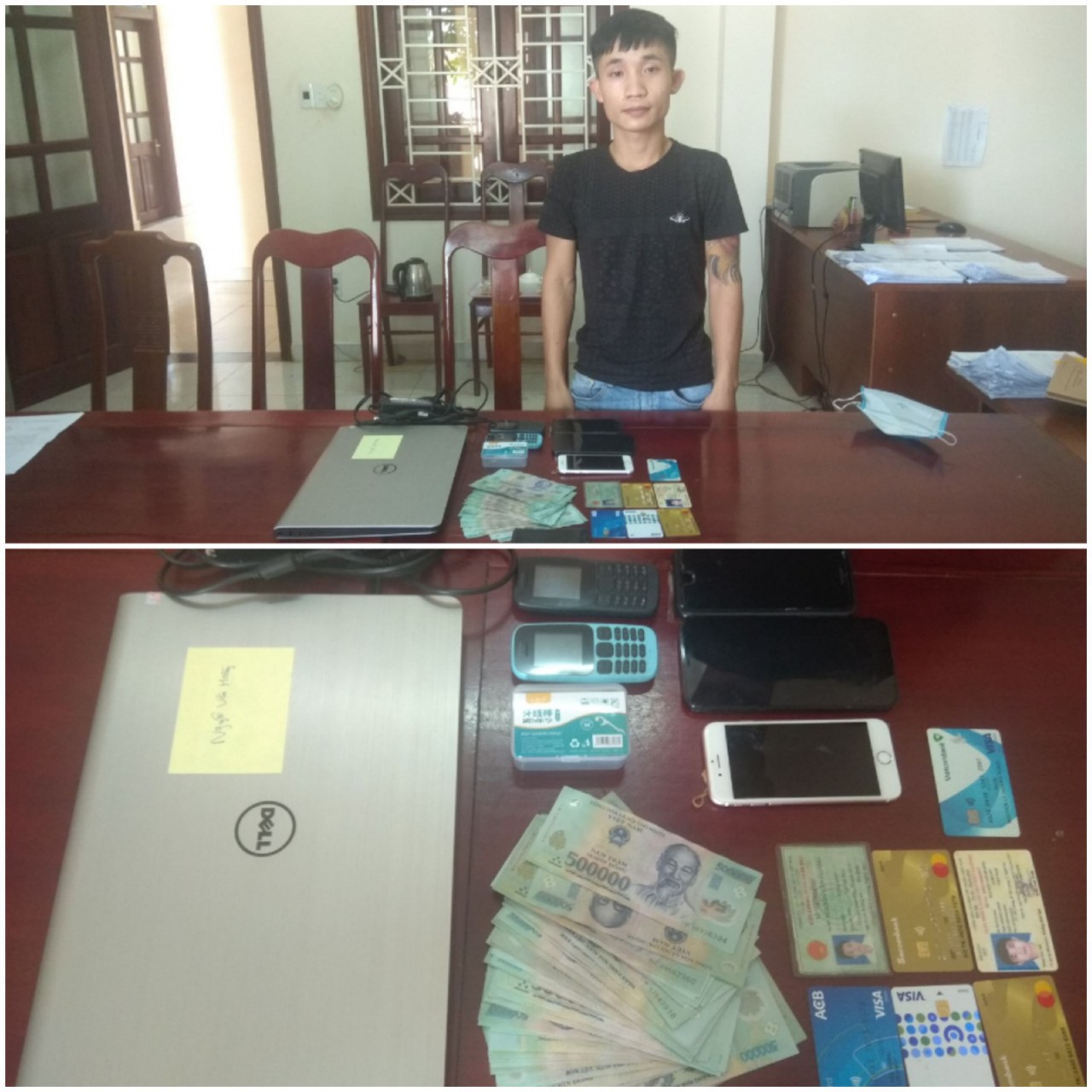 Đối tượng Hoàng và tang vật tại cơ quan điều tra Công an tỉnh Gia Lai. Ảnh: Lê Anh