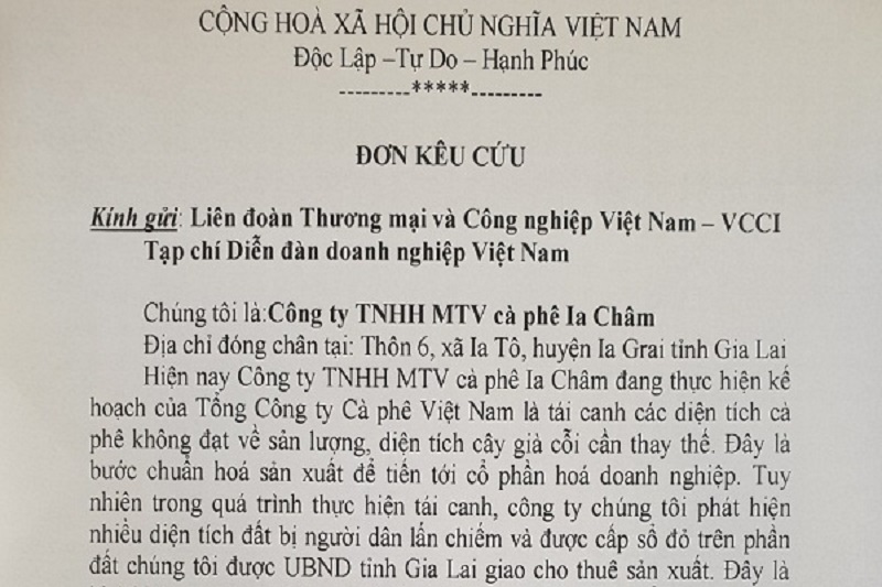 Đơn cầu cứu Liên đoàn Thương mại và Công nghiệp Việt Nam và Tạp chí Diễn đàn Doanh nghiệp của Công ty TNHH MTV cà phê Ia Châm 1