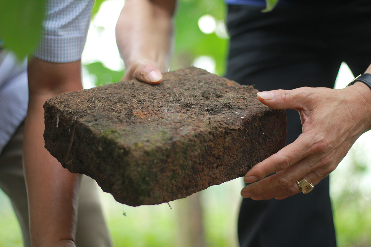 Viên gạch nguyên vẹn mang phong cách Chăm được phát hiện tại khu vực thôn 4 ( xã An Phú, TP. Pleiku). Ảnh: Bá Bính