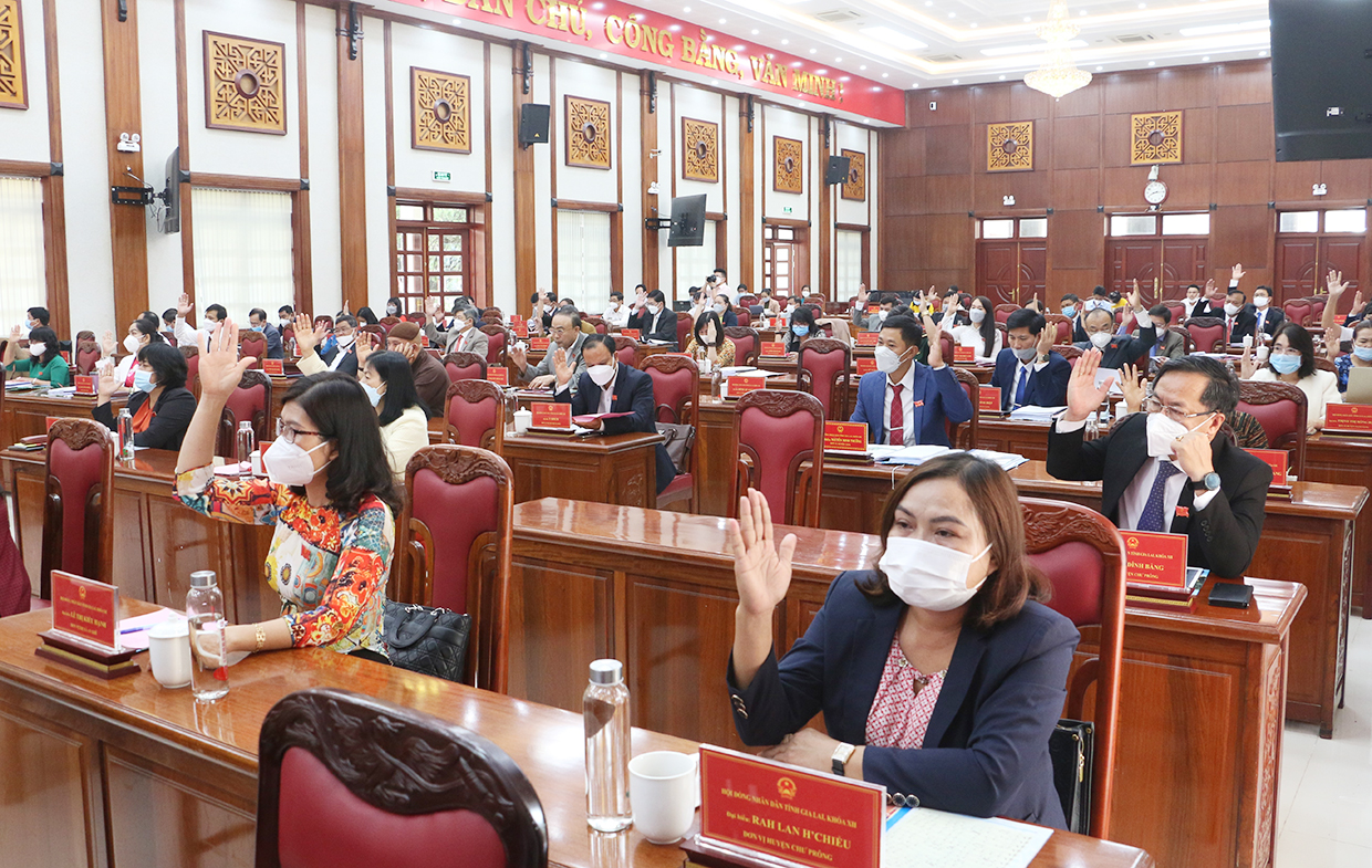 Các đại biểu biểu quyết thông qua 10 nghị quyết do UBND tỉnh trình kỳ họp. Ảnh: Quang Tấn