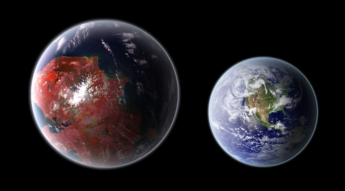 Kepler-438b (trái) và Trái Đất. Ảnh: NASA/SETI