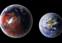 Kepler-438b (trái) và Trái Đất. Ảnh: NASA/SETI