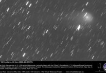 Đốm sáng mờ ảo hiện lên trong hình ảnh ngày 26-6 chính là sao chổi K2, đang tiến ngày một gần về phía Trái Đất - Ảnh: DỰ ÁN KÍNH VIỄN VỌNG ẢO