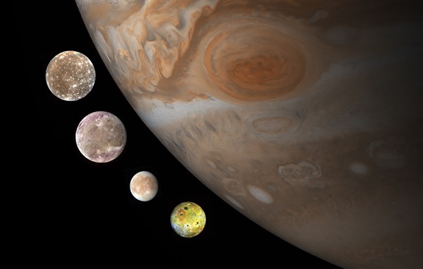 4 mặt trăng Galilean của Sao Mộc, từ trên xuống: Ganymede, Calisto, Europa và Io - Ảnh: NASA/ASTRONOMY