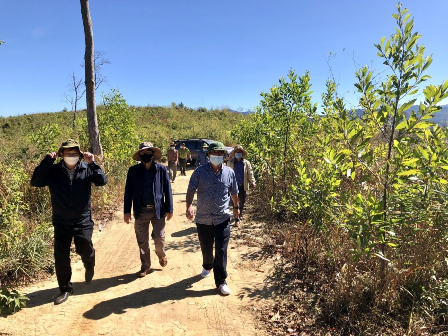 Phó chủ tịch UBND tỉnh Kpă Thuyên (bìa phải, hàng đầu) đi kiểm tra công tác trồng rừng tại huyện Đak Đoa