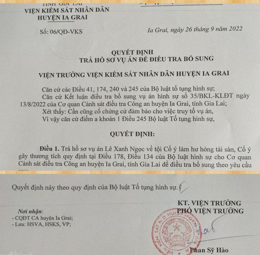 Quyết định số 06/QĐ-VKS của VKSND huyện Ia Grai, trả hồ sơ vụ án để yêu cầu Cơ quan CSĐT điều tra lại vụ án. 4