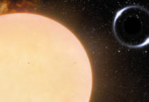 Ảnh đồ họa mô tả cặp đôi kỳ dị với một bản sao Mặt Trời và một lỗ đen - Ảnh: International Gemini Observatory / NOIRLab / NSF / AURA