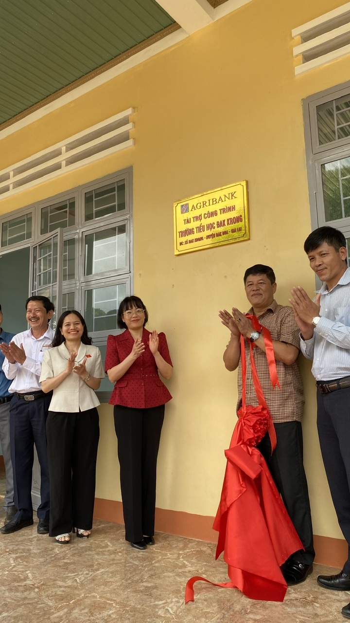 Bà Nguyễn Thị Mai Phương và lãnh đạo huyện Đak Đoa gắn biển công trình tài trợ tại Trường Tiểu học Đak Krong. Ảnh: Sơn Ca. ảnh 2
