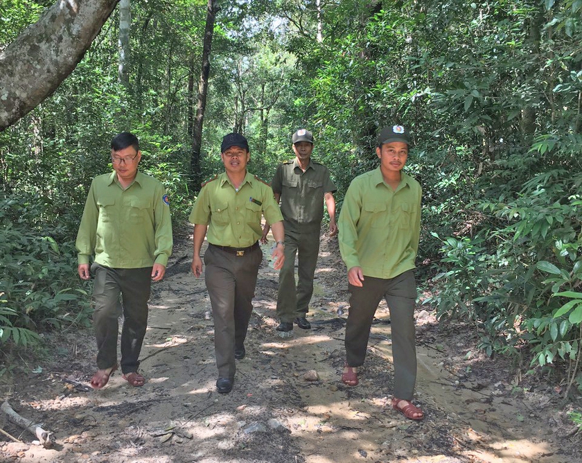 Lực lượng Kiểm lâm huyện Mang Yang phối hợp với cán bộ Ban Quản lý rừng phòng hộ Mang Yang tuần tra bảo vệ rừng. Ảnh: N.D
