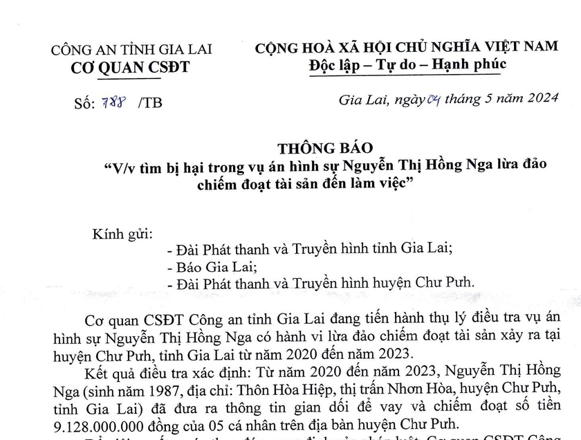 Thông báo tìm bị hại của Cơ quan CSĐT Công an tỉnh Gia Lai.