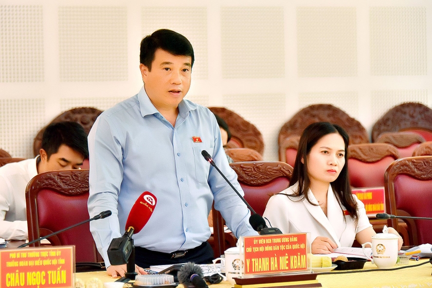 Chủ tịch Hội đồng Dân tộc của Quốc hội Y Thanh Hà Niê Kđăm phát biểu tại buổi làm việc. Ảnh: Đức Thuỵ