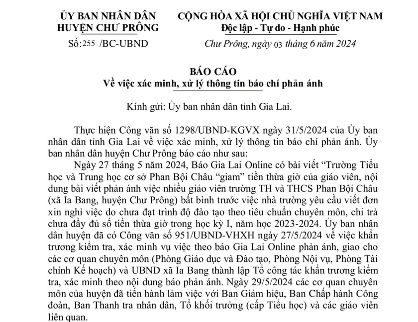 Báo cáo của UBND huyện Chư Prông xác minh bài viết Trường TH và THCS Phan Bội Châu &quot;giam&quot; tiền thừa giờ giáo viên. Ảnh: T.D