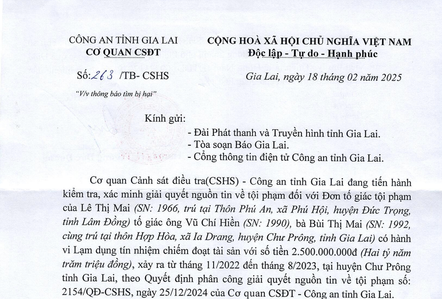 Thông báo tìm người bị hại của Cơ quan Cảnh sát Điều tra (Công an tỉnh Gia Lai). Ảnh: M.T anh-man-hinh-2025-02-26-luc-113548.png