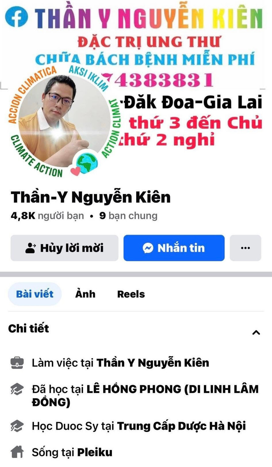 Trang Facebook cá nhân của Kiên đăng tải thông tin có thể chữa bách bệnh. Ảnh chụp màn hình trang-facebook-ca-nhan-cua-kien-dang-tai-thong-tin-co-the-chua-bach-benh-anh-chup-man-hinh.jpg