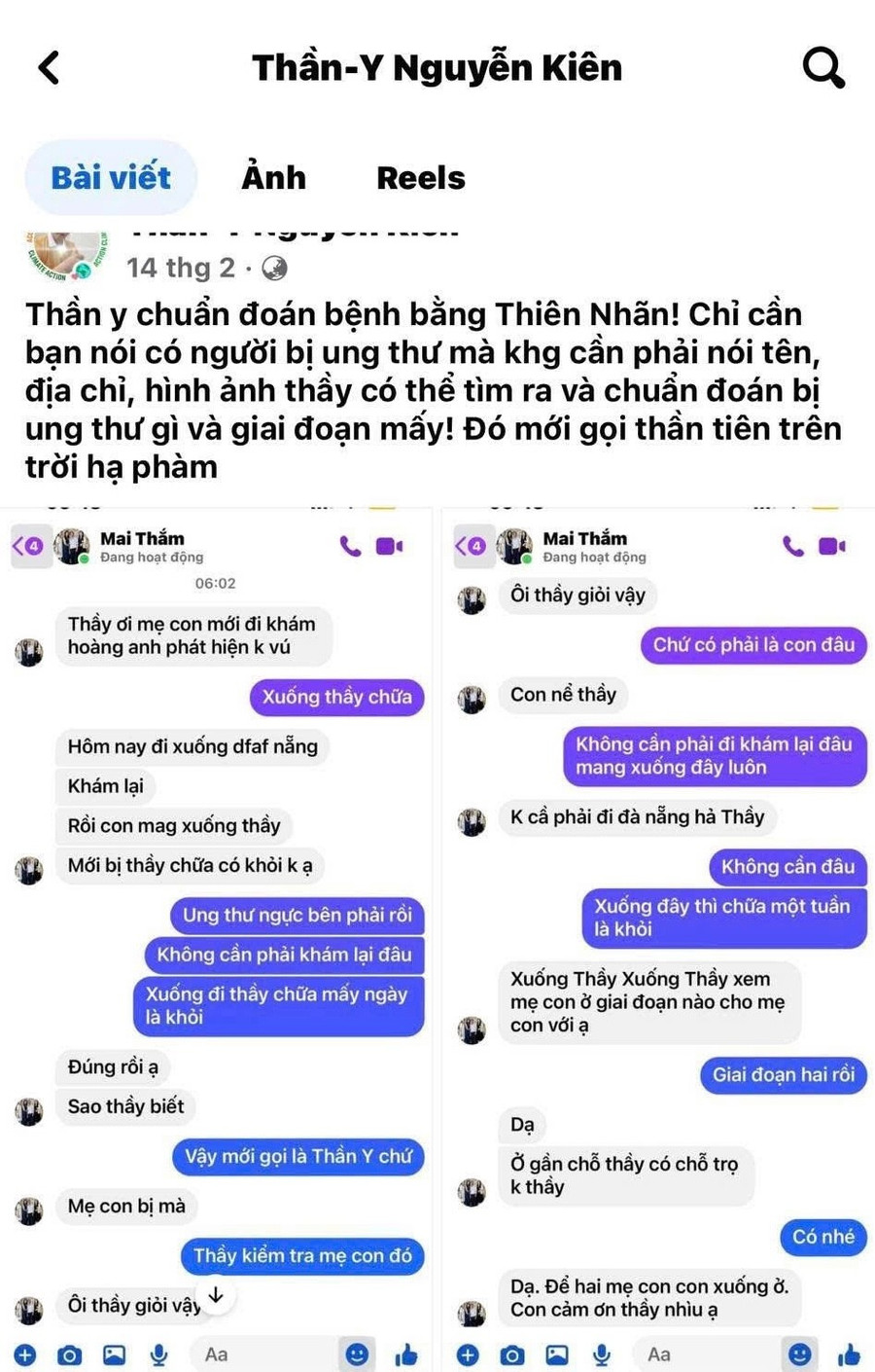 Ông Kiên quảng cáo về khả năng chữa bệnh trên tài khoản Facebook cá nhân. Ảnh chụp màn hình ong-kien-quang-cao-ve-kha-nang-chua-benh-tren-tai-khoan-facebook-ca-nhan-anh-chup-man-hinh.jpg