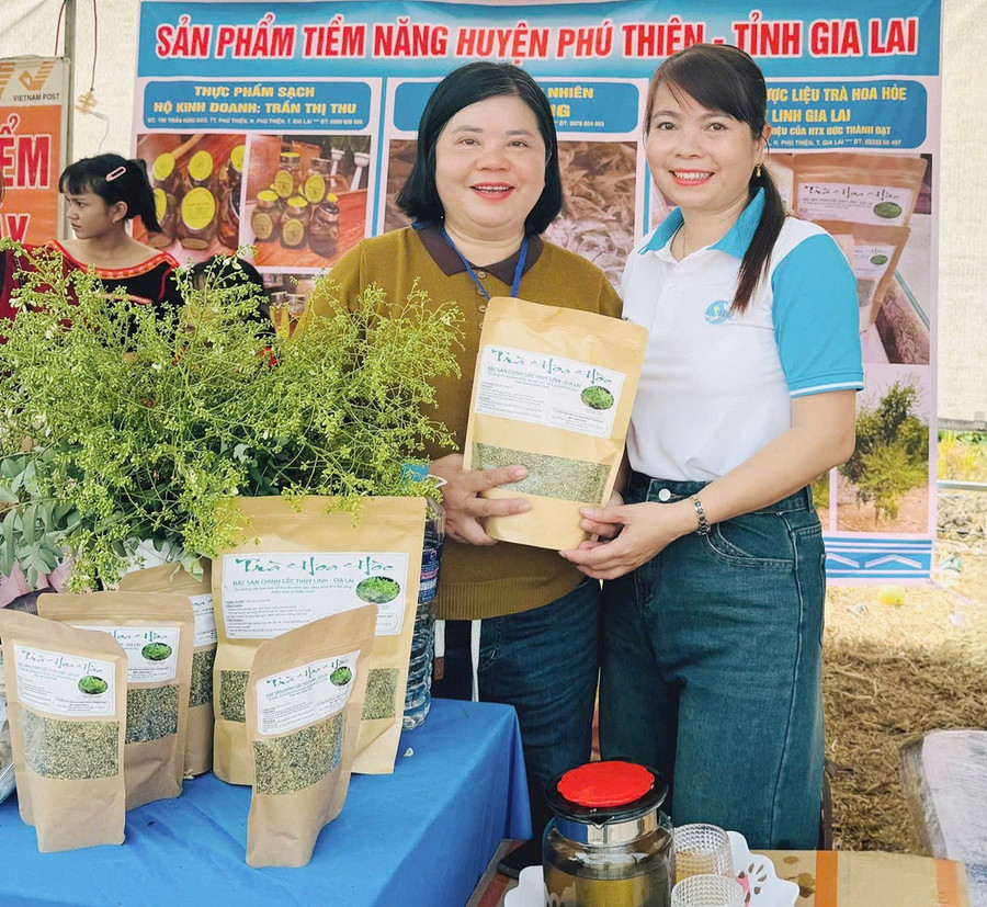 Sản phẩm trà hoa hòe của gia đình chị Bùi Thị Tuyết Nhung tham gia trưng bày tại phiên chợ nông sản huyện Phú Thiện. Ảnh: V.C 1bg-tra.jpg