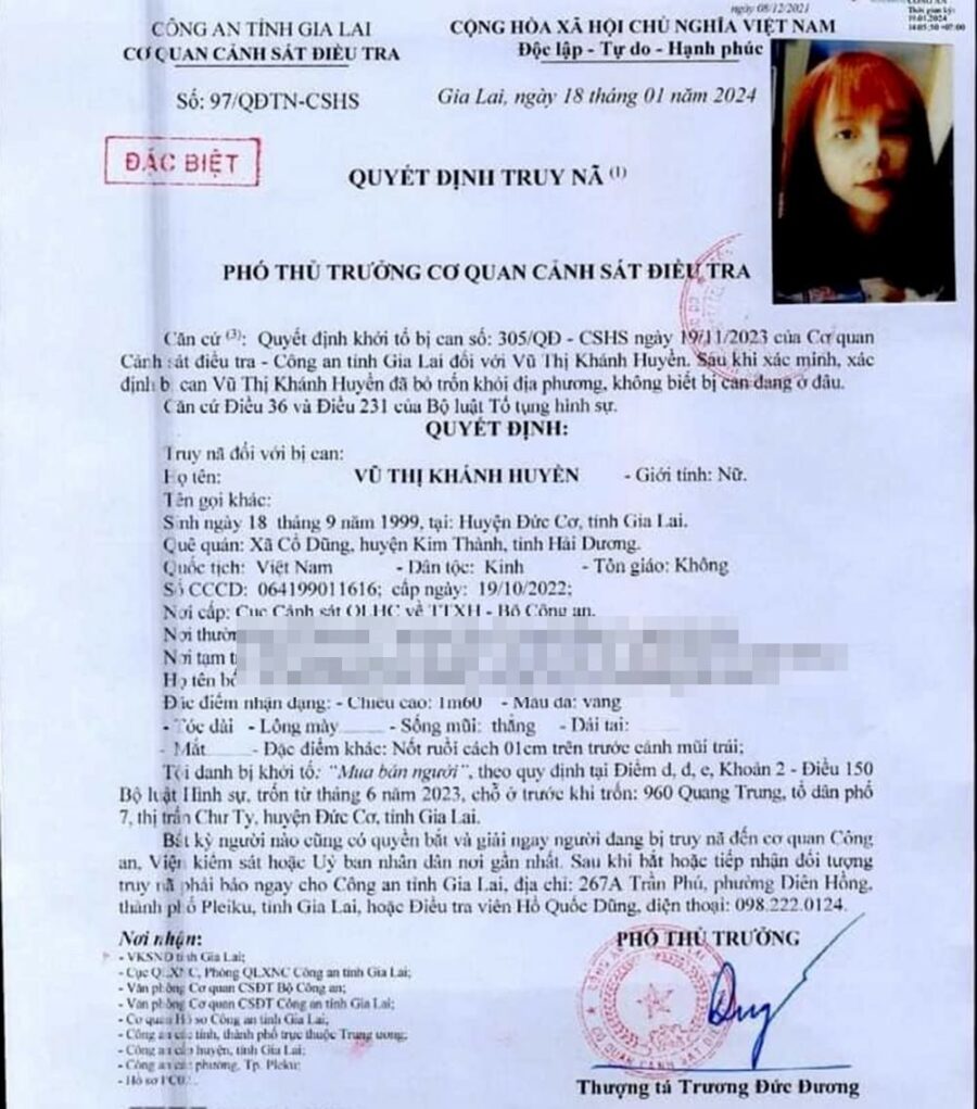 Vào tháng 1/2024, Công an tỉnh Gia Lai đã truy nã đặc biệt Vũ Thị Khánh Huyền về tội "mua bán người". anh 2