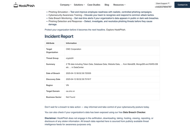 Trang Hookphish thông báo về cuộc tấn công ransomware vào CMC. (Ảnh chụp màn hình) Trang Hookphish thông báo về cuộc tấn công ransomware vào CMC. (Ảnh chụp màn hình)