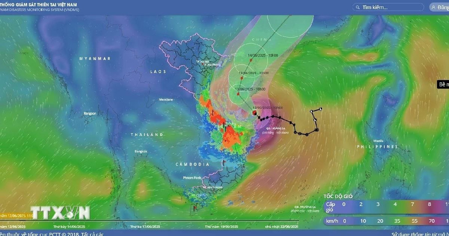 Hướng di chuyển của bão số 01 nhìn qua vệ tinh, lúc 10h ngày 12/6/2025. (Ảnh: TTXVN phát) bao-so-1-di-chuyen-ve-phia-tay-nam-dao-hai-nam-cua-trung-quoc-dd.jpg
