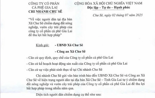 Văn bản của Công ty cổ phần Cà phê Gia Lai-Chi nhánh Chư Sê gửi UBND xã Chư Sê. Ảnh: T.D