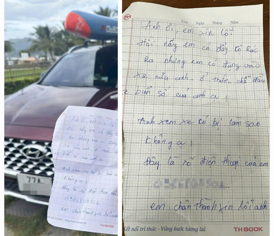 Anh lao công viết thư xin lỗi chủ xe ô tô vì trong lúc làm việc đã sơ ý để xảy ra va quẹt. Ảnh chụp màn hình z6777508098120-2579f88927d88845f6f074c86f73975d.jpg